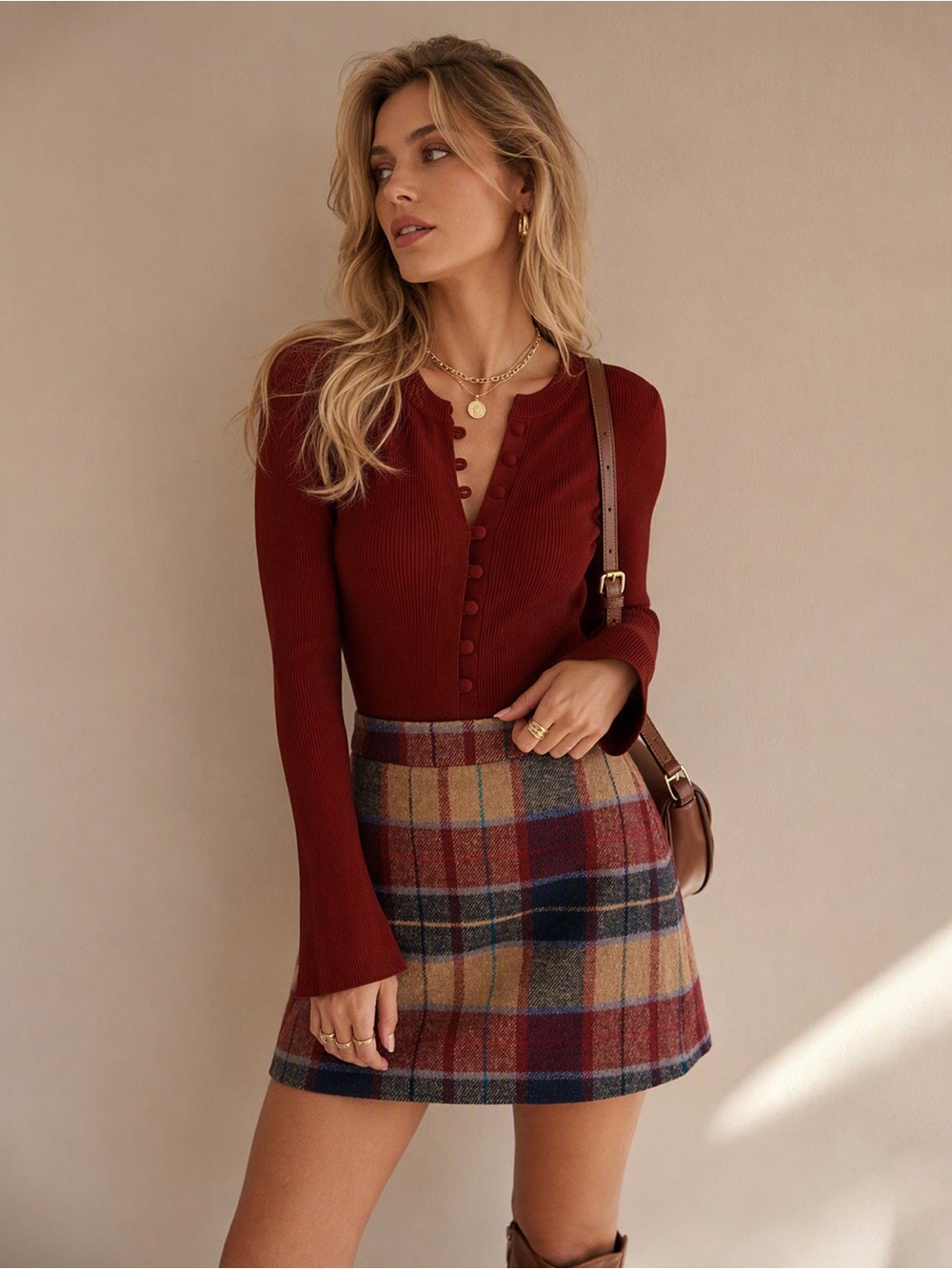 Red Plaid Zipper Fly Tweed Mini Skirt RIHOAS